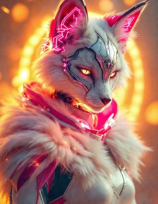 The primary subject of the image is a white and pink cat with a futuristic, cyberpunk-inspired appearance. The cat is wearing a pink and white vest, and its eyes are glowing with a neon pink light. The setting is a futuristic environment, possibly a space station or a high-tech facility. The visual style of the image is a combination of photo and digital art, creating a unique and captivating scene. The dominant colors in the image are pink and white, giving the cat a futuristic and otherworldly appearance.